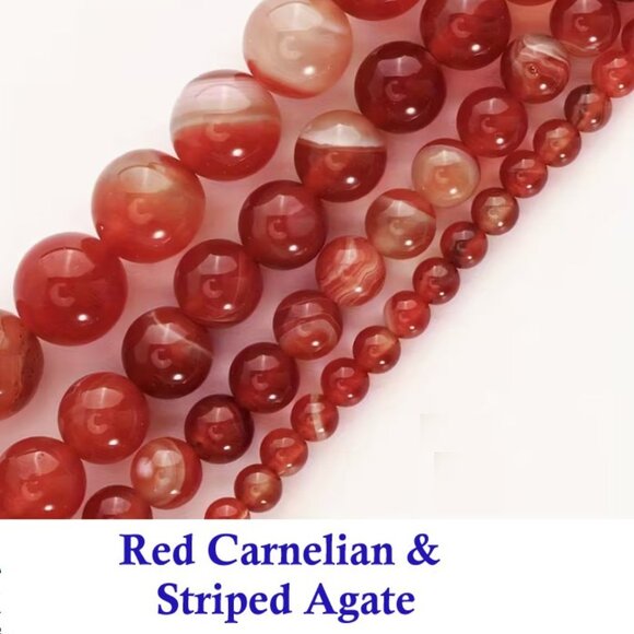 Red Carnelian and Striped Agate 15" Strand - Picture 1 of 2